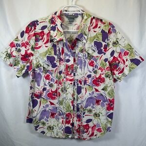 Vintage Koret Womens L Floral Button Up Linen Short Sleeve‎ Ruffle Purple Shirt